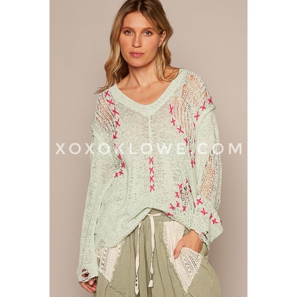 POL Sweaters - POL Lime Green Hot Pink Cross Stitch V Neck Loose Knit Thin Sweater Relaxed Fit